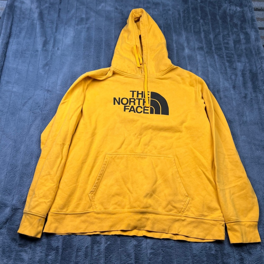 The North Face Mens Half Dome Logo Hoodie Yellow XL Pullover Fleece Sweatshirt